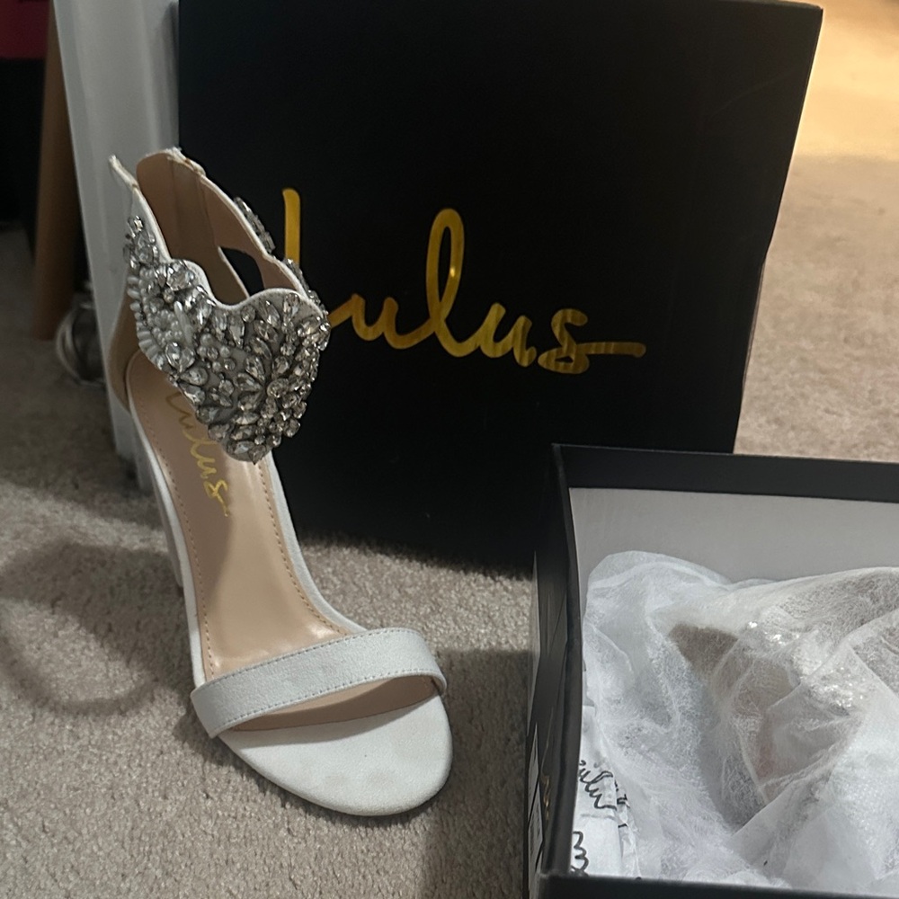 Lulu's White Crystal Embellished Heels